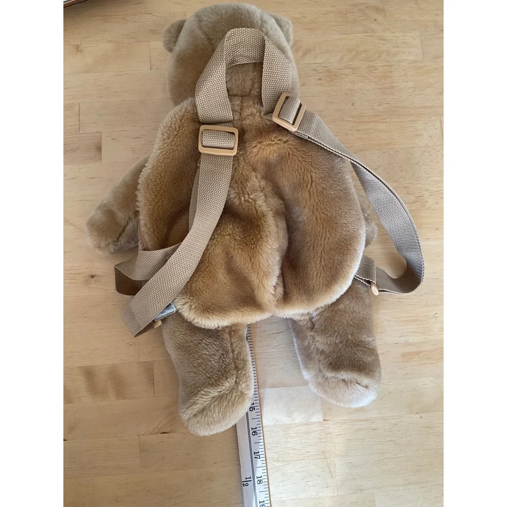 Vintage Plush Teddy Bear Backpack Tan Brown Faux Fur Red kawaii Bow Novelty Bag